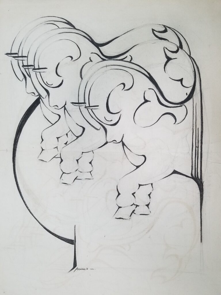 Drawings 26 Stylized ink drawing of several horses in profile.