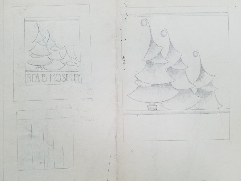 Drawings 27 Pencil sketch for a holiday card with a stylized christmas tree and the text Rhea B Moseley