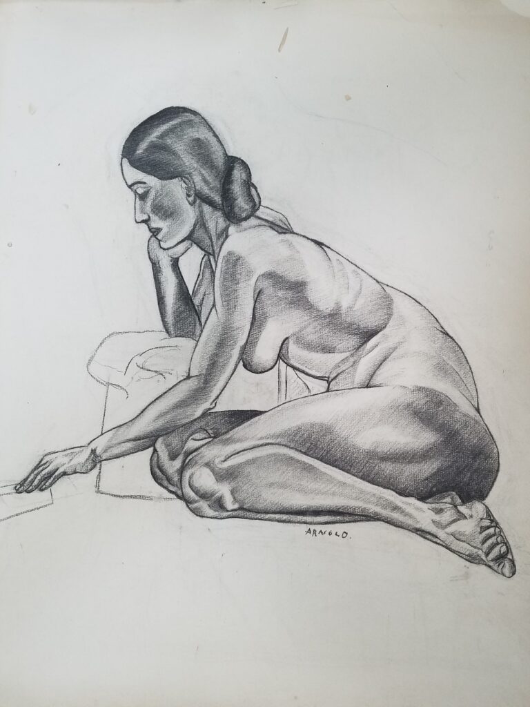 Sketch of nude female-presenting person kneeling with face resting on right hand