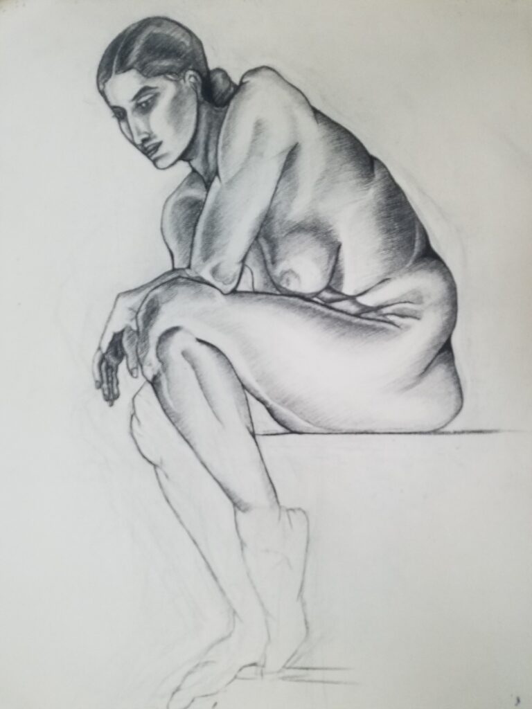 Pencil drawing of a nude female-presenting person, seated, arms resting on their knees.