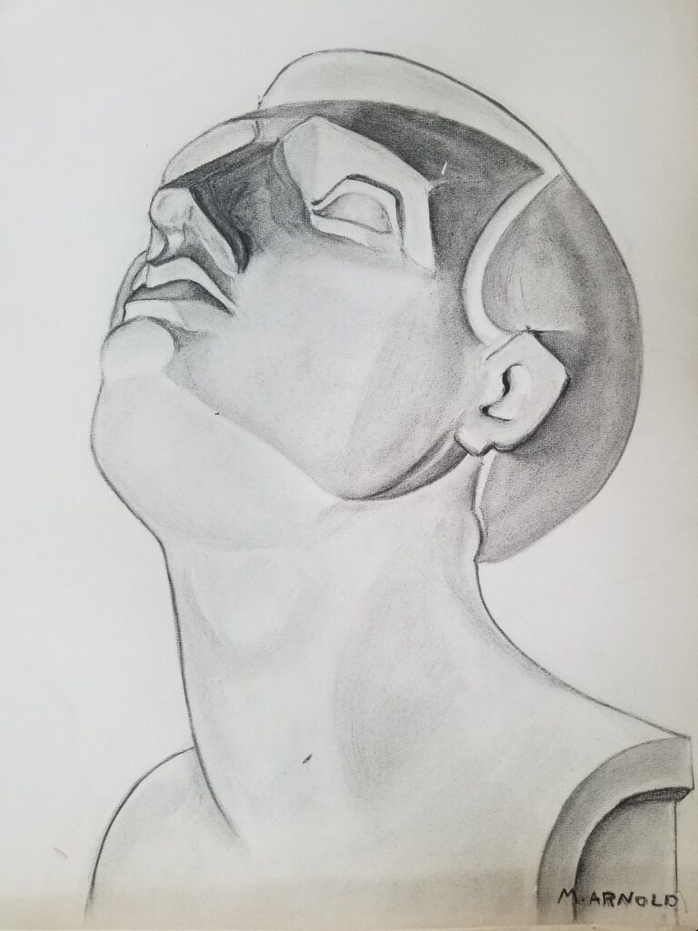 Drawings 4 Pencil drawing of Romanesque male-presenting bust, head thrown back.