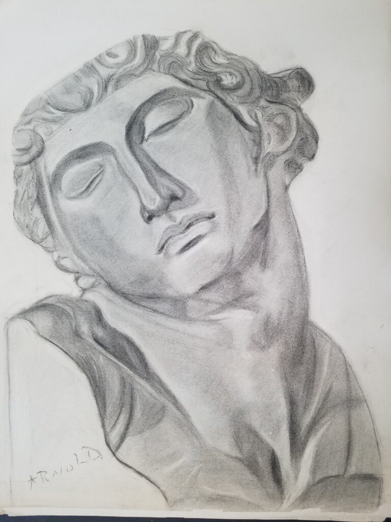 Drawings 5 Pencil drawing of Romanesque male-presenting bust, eyes closed and head tilted lookin over their shoulder