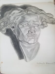 Pencil drawing of a femalt-presenting bust sculpture with a stern expression in three quarter profile