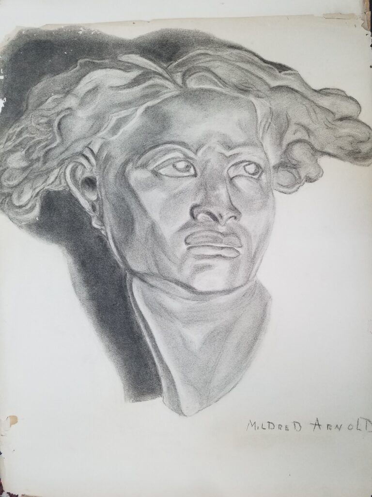 Drawings 3 Pencil drawing of a femalt-presenting bust sculpture with a stern expression in three quarter profile