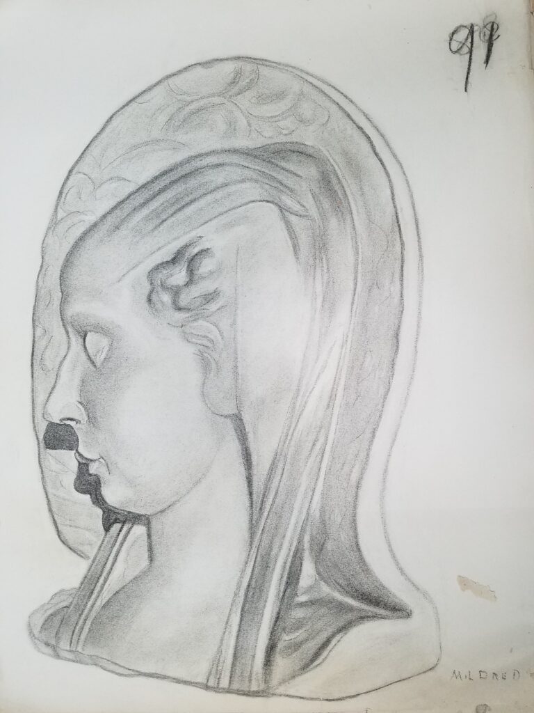 Drawings 7 Pencil drawing of Romanesque female-presenting bust, face looking downward.
