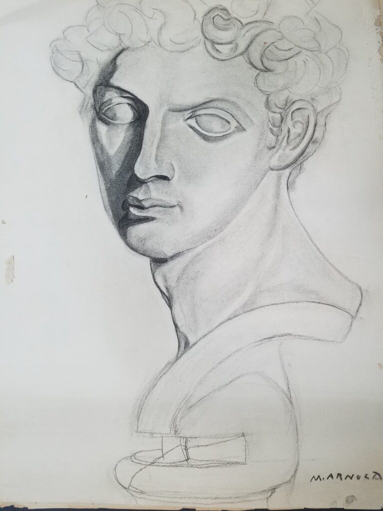 Drawings 6 Pencil drawing of Romanesque male-presenting bust, drawn from behind with head looking at us over their left shoulder.