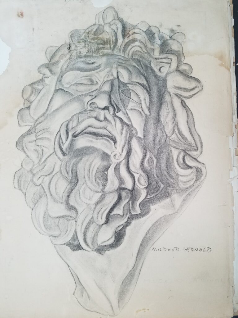 Drawings 9 Pencil drawing of Romanesque male-presenting bust, head thrown back.and mouth slightly open. Long har and beard frame the face that looks like it is expressing pain.