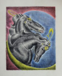 The prancing heads of two horses in a colorful frame.