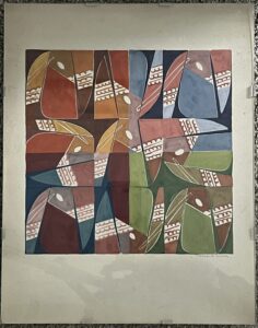 Abstract watercolor painting on paper, framed in glass.