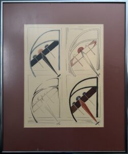 Water color of four stylized letter "A"s each in the quadrant of a square. Within each "A" is an airplane, seeming (to this author) to represent the initials "T.A."