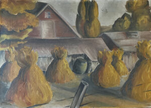 Painting of a partially obscured farm house behind three golden haystacks.