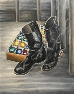 An oil painting of two black boots standing beside a bix of Christmas ornaments of various colors.
