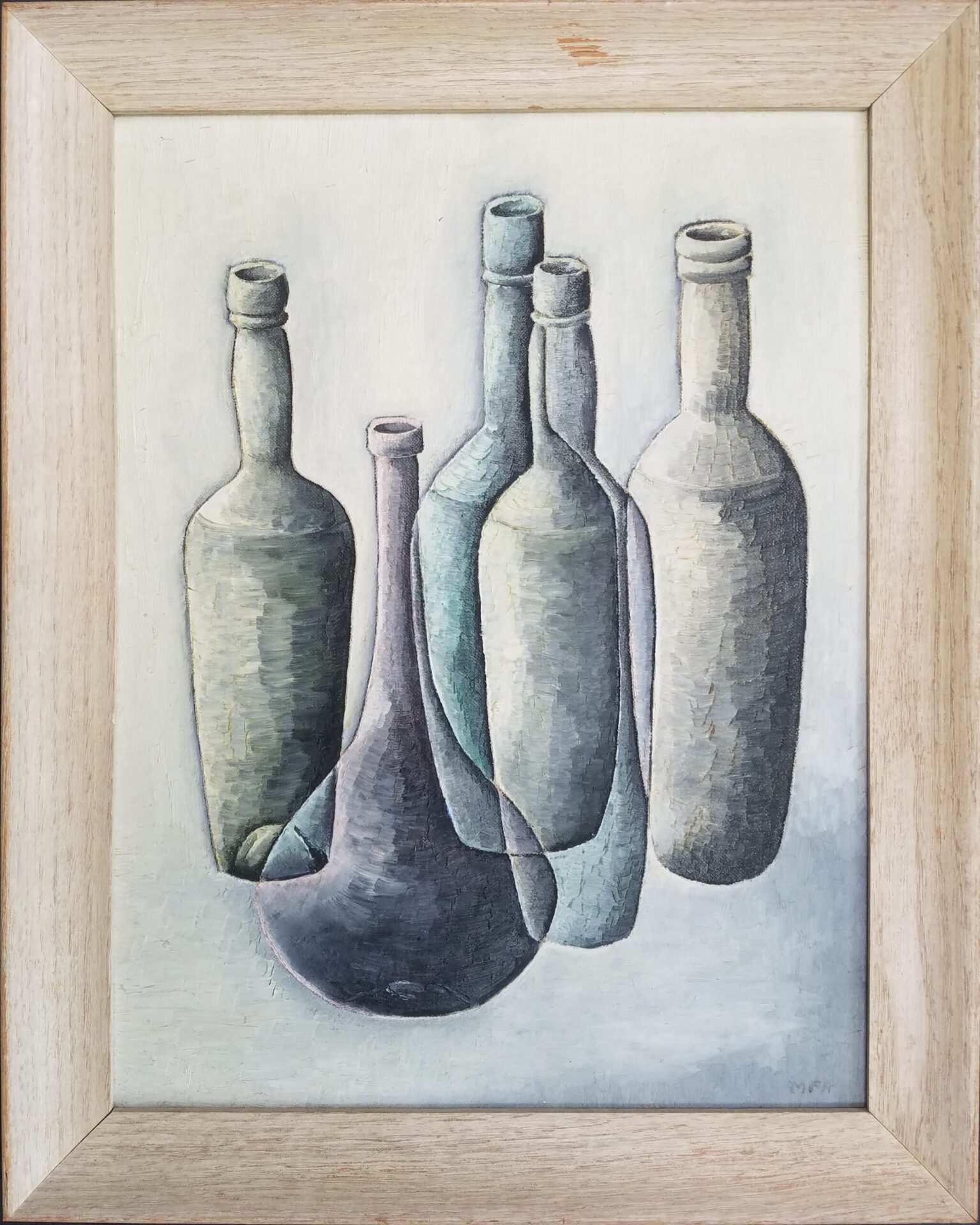 Painting of five glass bottles of differing colors.