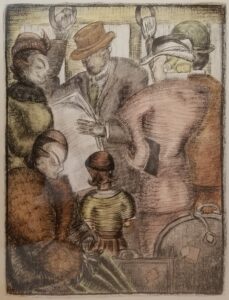 Six commuters either sit or stand, holding handles, on a bus or train.