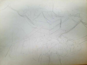 Pencil sketch of a crowd of people surrounded by large tents