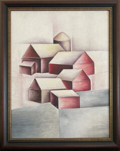 Five farm buildings and a silo in the back painted in a cubist style.