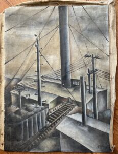 A train car filled with coal sits at the id of a track leading to a factory. Power lines string across the scene and grey clouds gather in the distance.