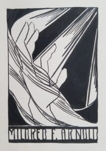 Ink drawing of a hand wrapped in fabric, elegantly stretched. The artist's name is below.