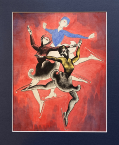 Three ice skaters leaping.