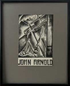 A ink drawn book plate with books, golf clubs, and fishing tackle above the name John Arnold.