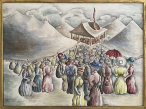 A large group of people stand in fancy dress among large tents.