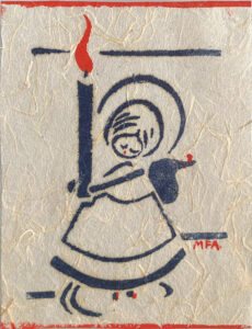 Ink drawing on the front of a card of an angel holding a candle.