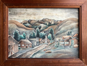 Landscape painting of log cabins lining a street that recedes into low foothils with larter mountains in the distance.