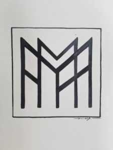 Black, graphic, monogram comprising the stylized letters M, F, and A.