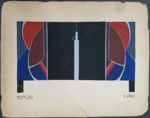 Painting design for a cabinet with two black doors and siding of various colord shapes interlinked.