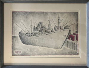 A ink and pencil drawing of a navy ship at dock.