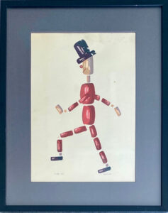 Painting of a doll made of differently shaped beads, wearing a top had and marching.