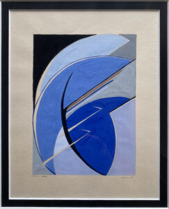 Blue abstract shapes of varying hues arc across the page.