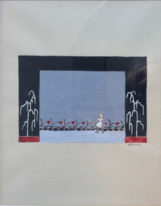 Painting of a stage set with a girl watering flowers.