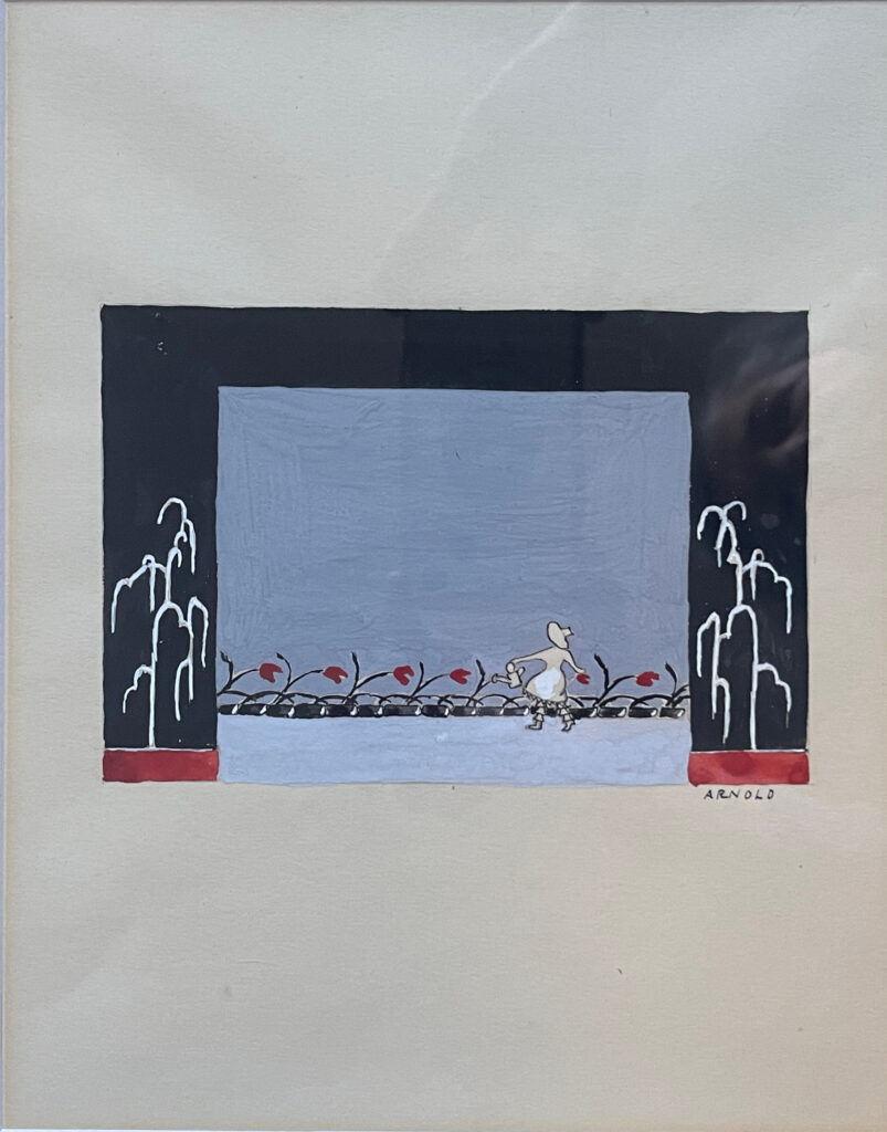 Painting of a stage set with a girl watering flowers.