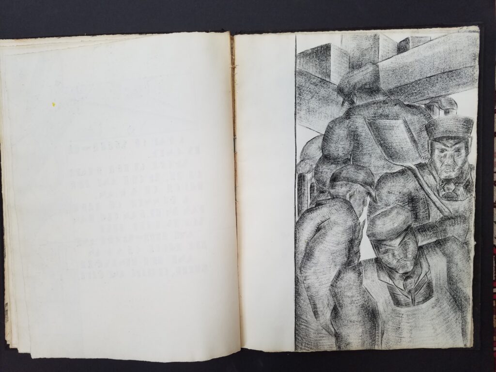 Blank page on left and illustration of workers on the right.