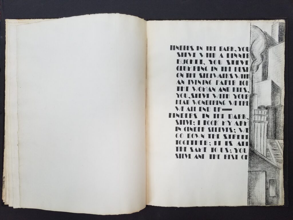 Smoke and Steel 10 Factory illustration and text: Finders in teh dark, you steve with a dinner bucker, you steve clumping in the dusk on the sidewalks with an evening paper for the woman and kids, you , steve with your head wondering where we all end up - finders in the dark, steve; I hook my arm in cinder sleeves; we go down the street together; it is all the same to us; you steve and the rest of