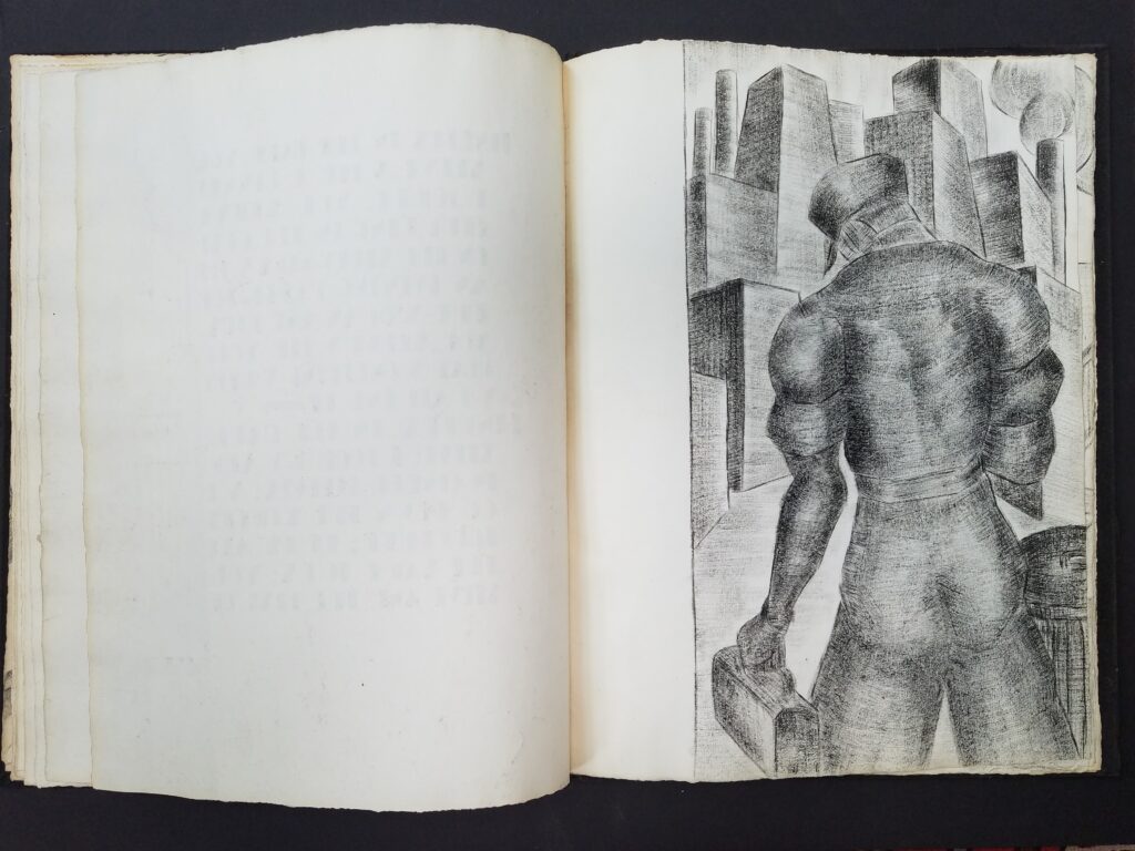 Blank page and an illustration of a sinble worker, carying a small handled box, walking toward a smoking factory.