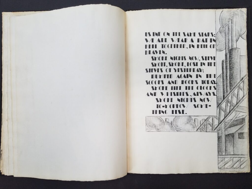 Smoke and Steel 9 Illustration of a smoking facroty and text: Us end on the same start; we all wear a hat in helll together, in hell or heaven. Smoki hights now, steve smoke, smoke, lost in the steves of yessterday; dumped again in the scoops and hooks today. smoke like the clocks and whistles, always. Smoke nights now to-morrow something else.