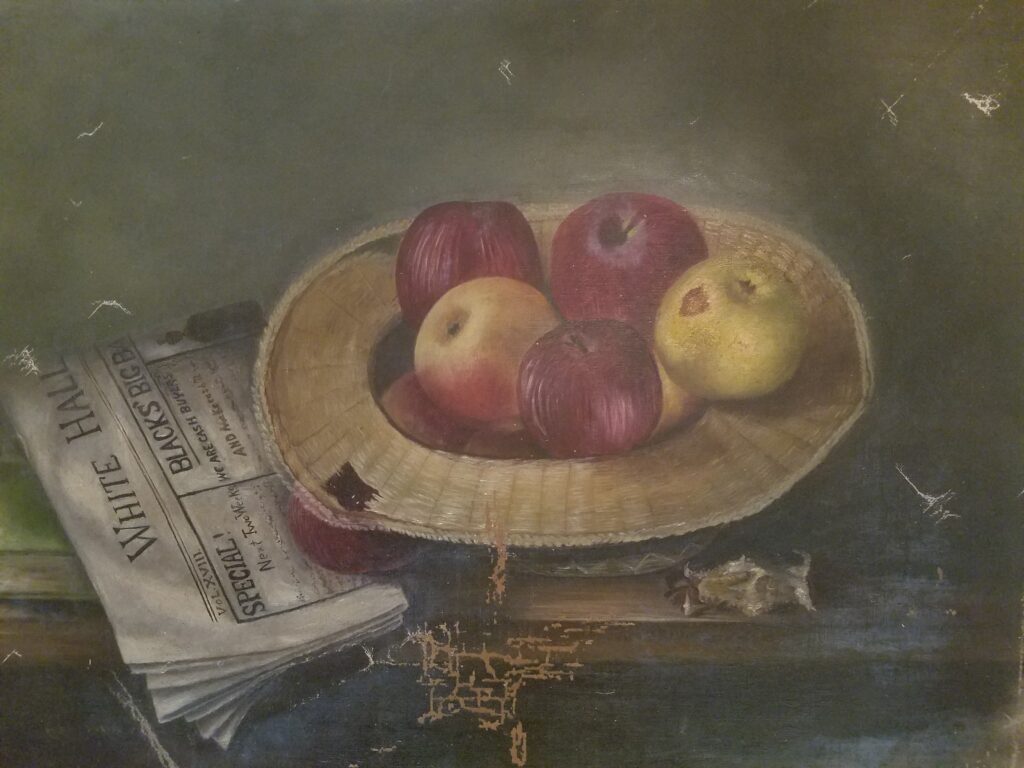 Influences 5 Still life painting of apples in a basked and a newspaper.