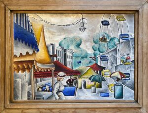 Oil painting of a fair. Vendor tents line the left of a street receding into the distand trees. Electric lights are strun above the street and you can see a farris wheel on the right.