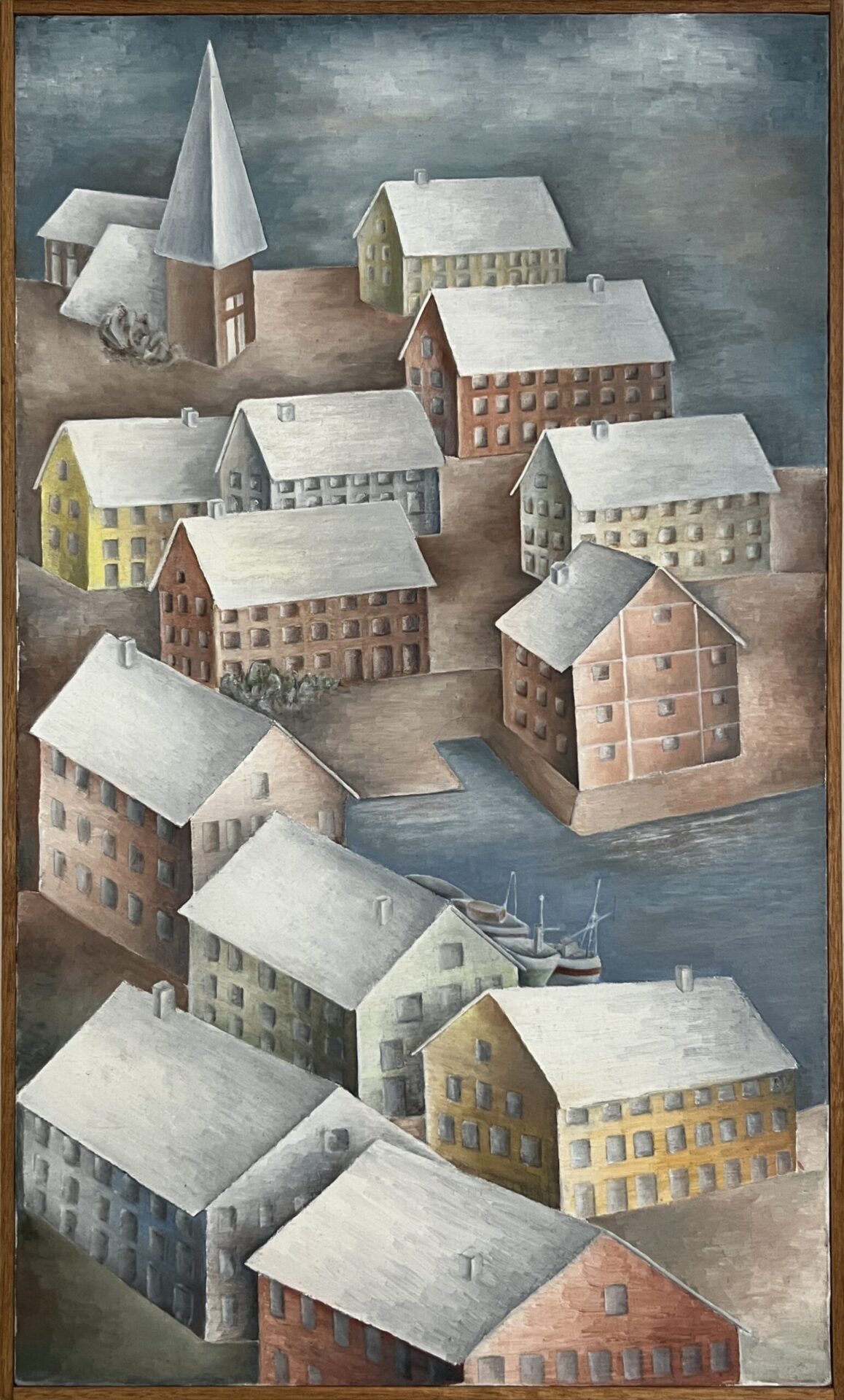 A church, homes, and buildings are surrounded by a cold grey ocean.