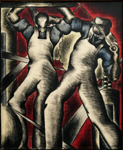 Two workers agains a background of abstract factory like shapes