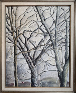 A stand of bare trees fills the foreground with grey skies and hills in the far distance. A single, red, house is visible on one of the hills.