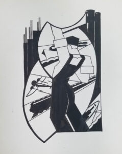 Ink drawing of a stylized worker against a backgroudn representing shipping, air, and rail.