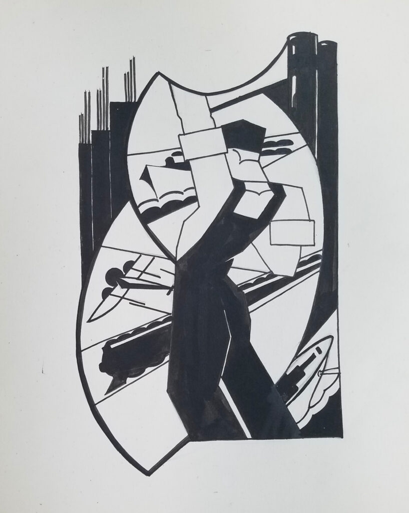 Ink drawing of a stylized worker against a backgroudn representing shipping, air, and rail.