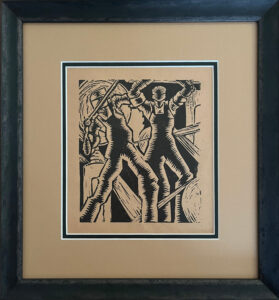 A block pring of two workers in black ink. One is pulling on a cable while the other is holding something above their head out of view.