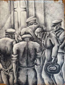 Five workers stand in a close group, heads down.