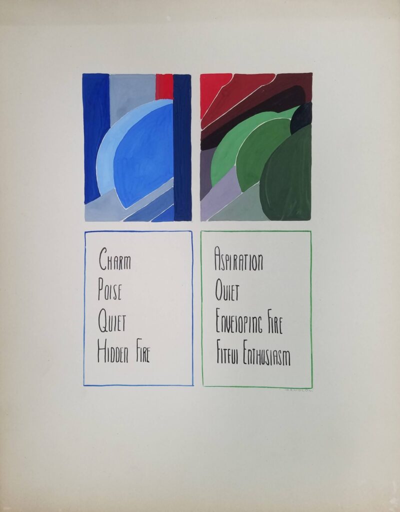 Two colorful rectangels with different color palettes are associated with text describing them. One is charm, poise, quiet, and hidden fire. The other aspiration, quiet, enveloping fire, fitful enthusiasm.