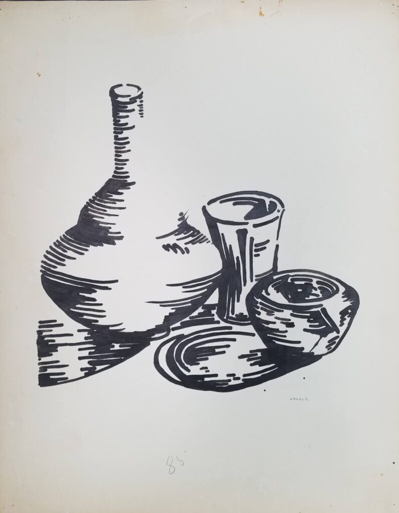 Blak ink drawing of a cup, glass, and bottle.