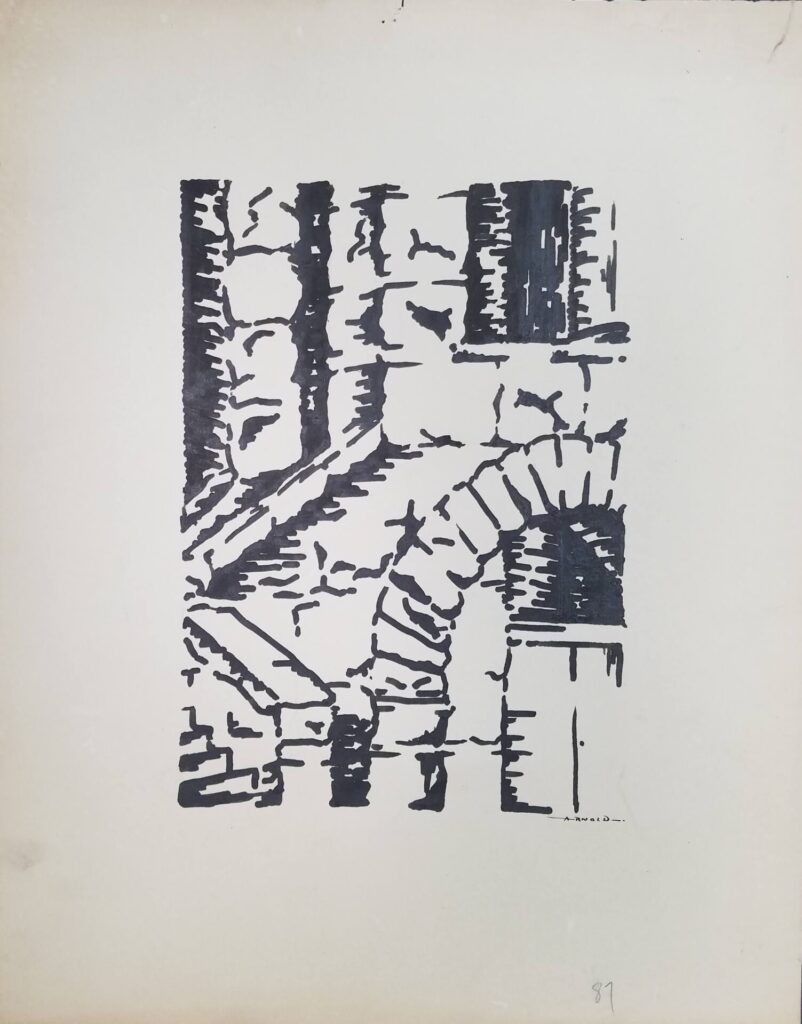 Black marker drawing of an archway and brick wall